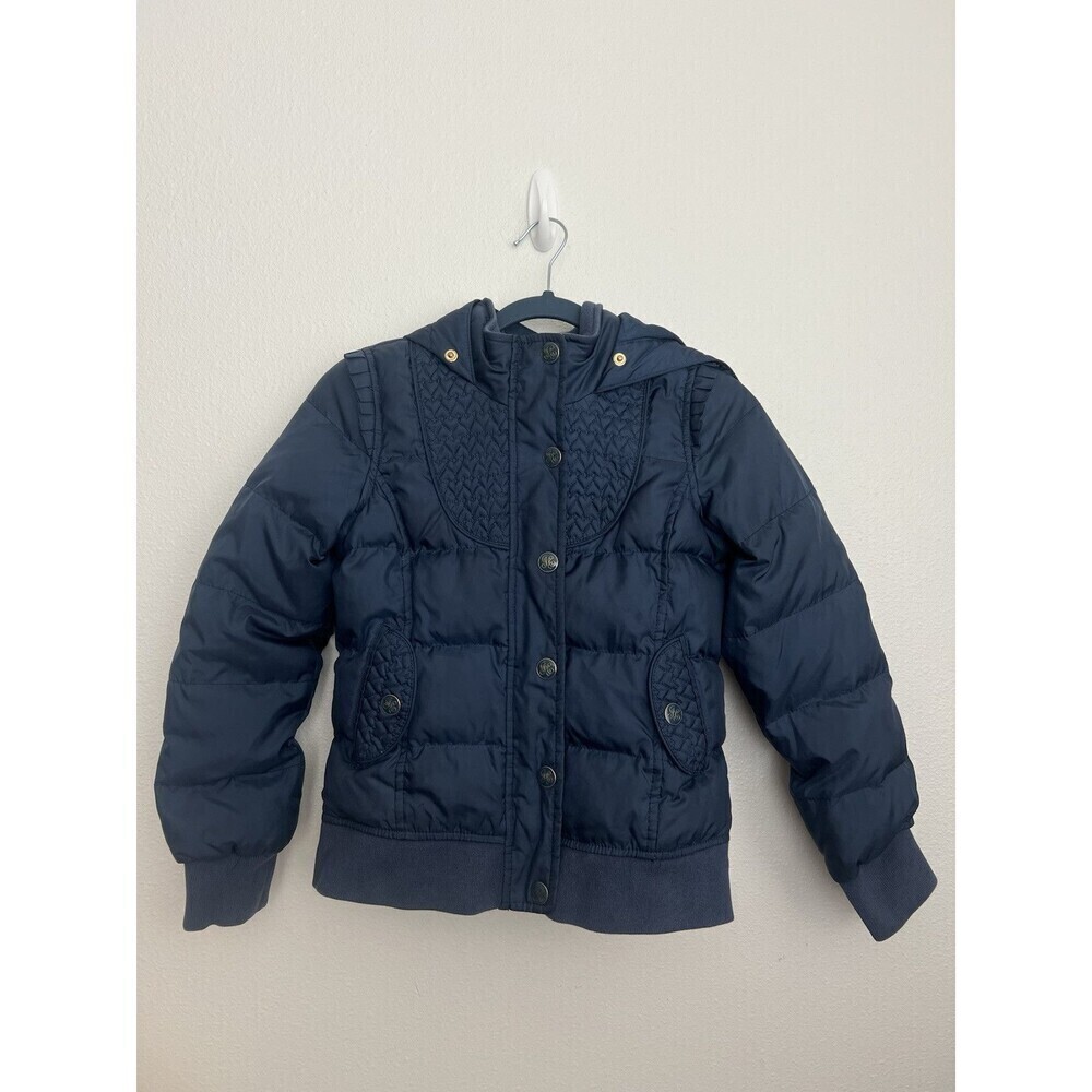 Y2K 90s Juicy Couture Puffer Jacket Navy Blue Hooded Bomber Streetwear Girls 10